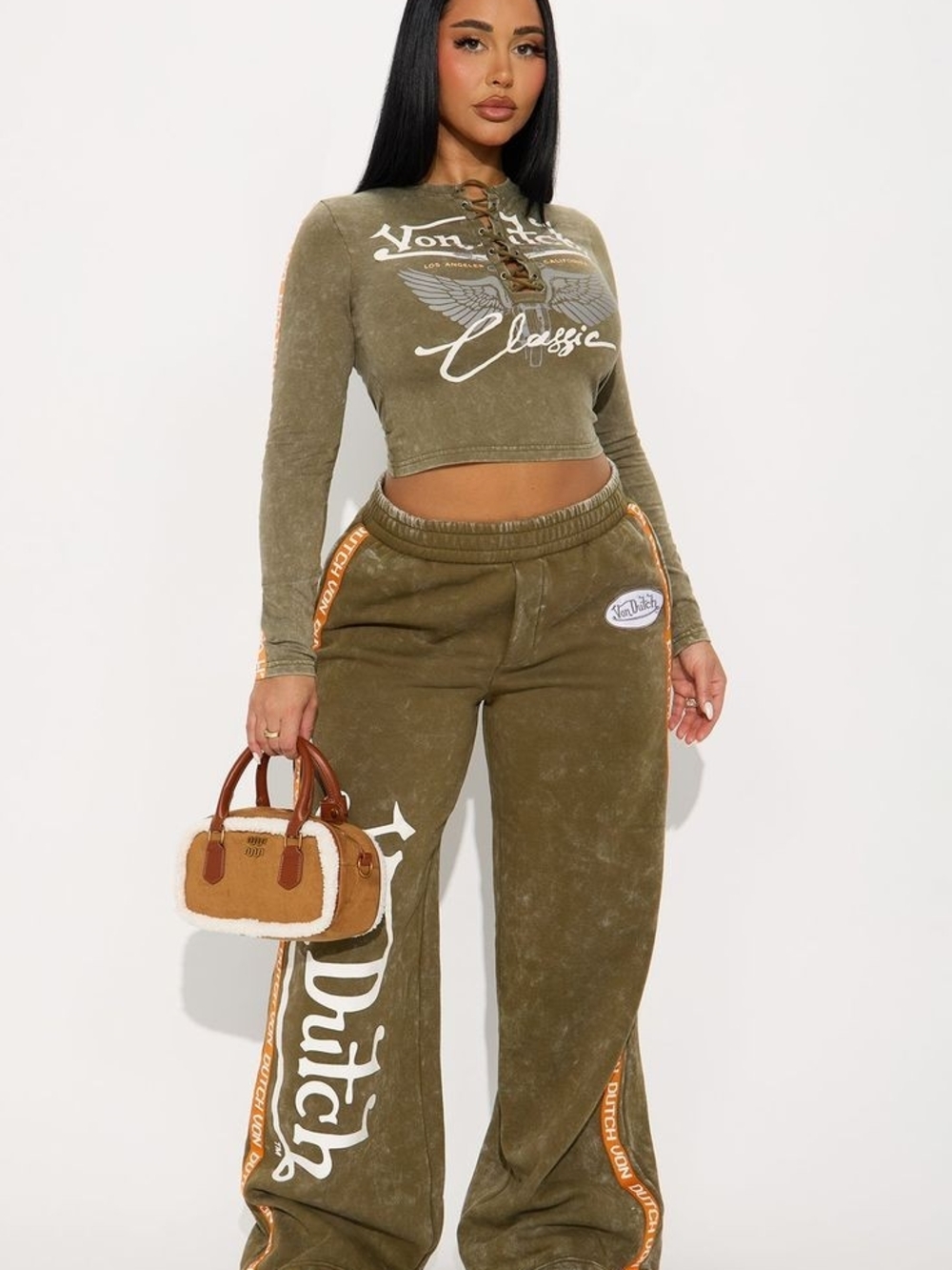NWT Von Dutch Olive Washed Lace-Up Graphic Matching Set Size 3XL Y2K